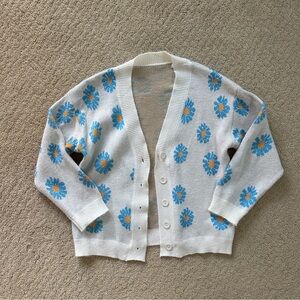 Women’s White & Blue Daisy Floral Button-Down Cardigan Sweater Sz Small